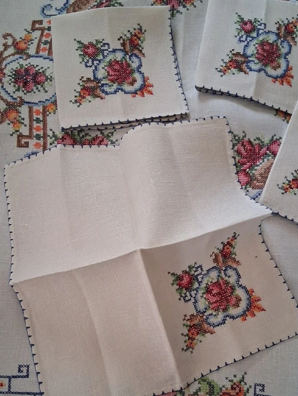 Vintage Cross-stiched Floral Table Linen Set - Cream with Pink & Green Accents